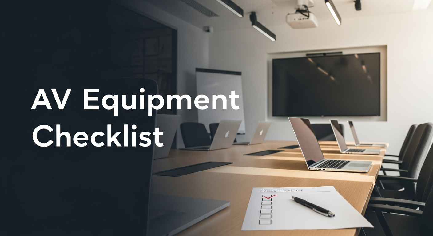AV Equipment Checklist - konferencijska sala sa displejom, mikrofonima i papirnim checklist-om